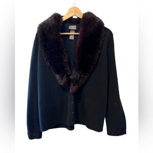 Designers Original black cardigan sweater with faux fur collar and front trim